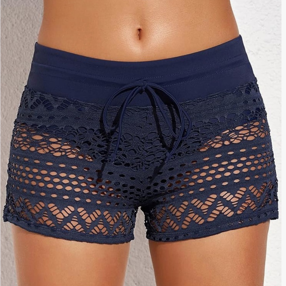 ROSKIKI SWIM SHORTS PLUS SIZE 3XL HOLLOW-OUT LACE WOMENS NAVY CROCHET BLUE BEACH